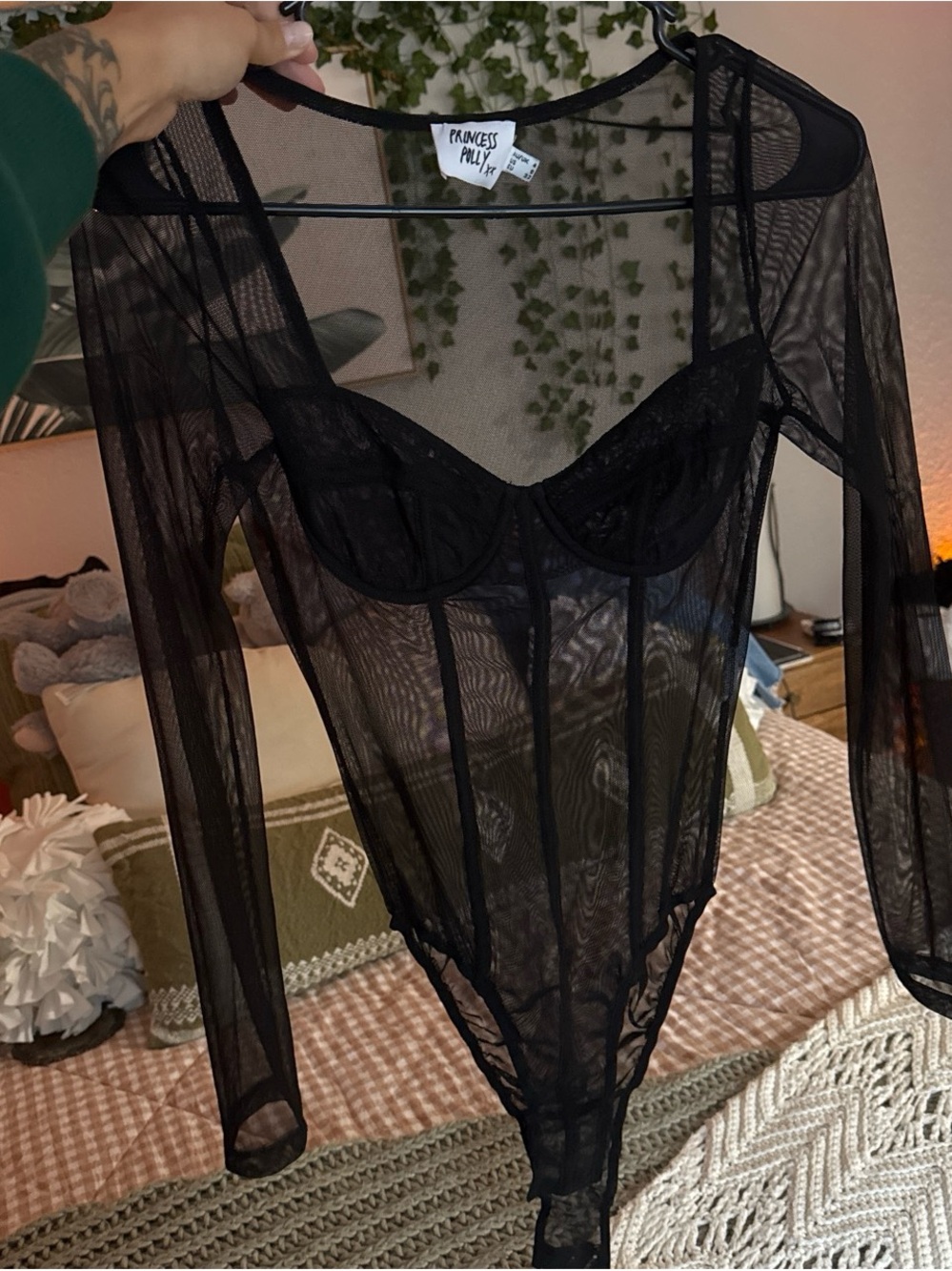 Princess Polly Black Sheer Long-Sleeve Mesh Bodysuit